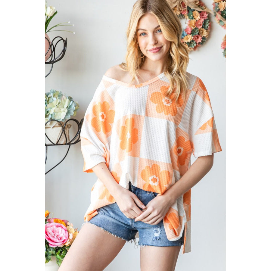 HOPELY Contrast Checkered Floral V-Neck T-Shirt Neon Orange / S Apparel and Accessories