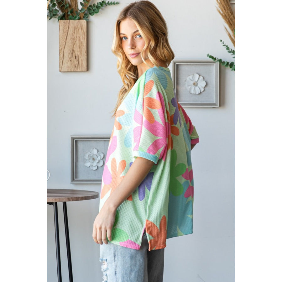 HOPELY Floral Round Neck Waffle T-Shirt Apparel and Accessories