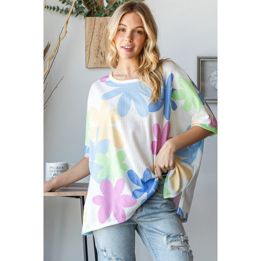 HOPELY Floral Round Neck Waffle T-Shirt Apparel and Accessories