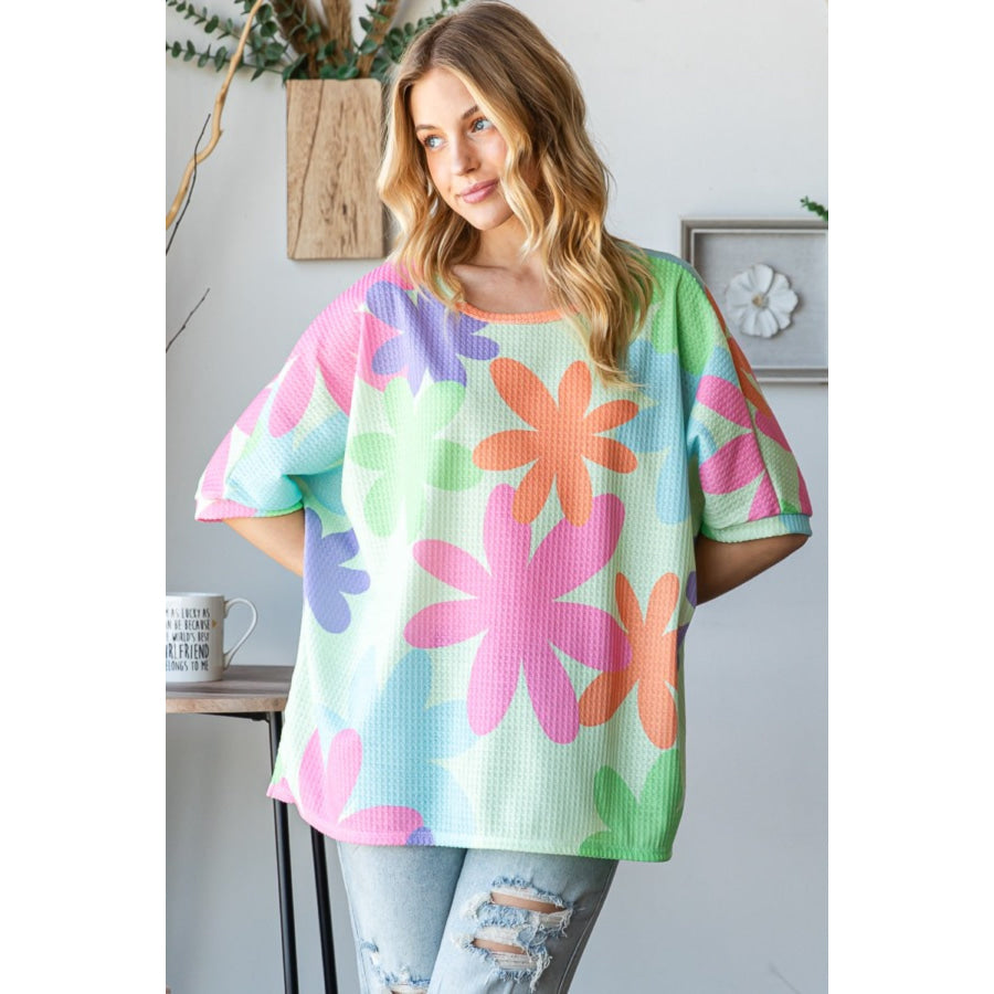 HOPELY Floral Round Neck Waffle T-Shirt Apparel and Accessories