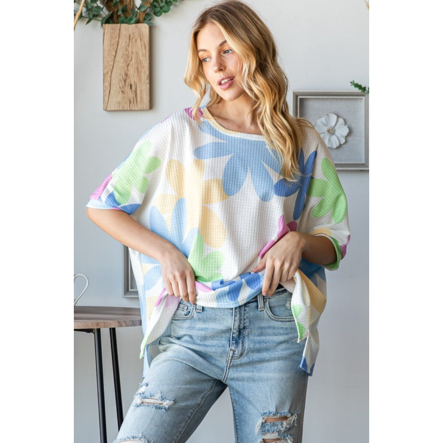 HOPELY Floral Round Neck Waffle T-Shirt Apparel and Accessories
