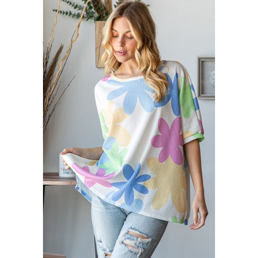 HOPELY Floral Round Neck Waffle T-Shirt Apparel and Accessories