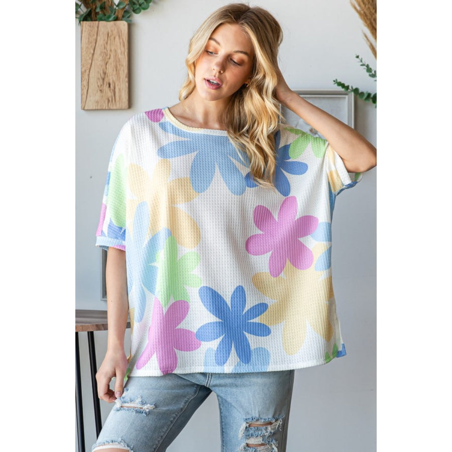 HOPELY Floral Round Neck Waffle T-Shirt Off-White / S Apparel and Accessories