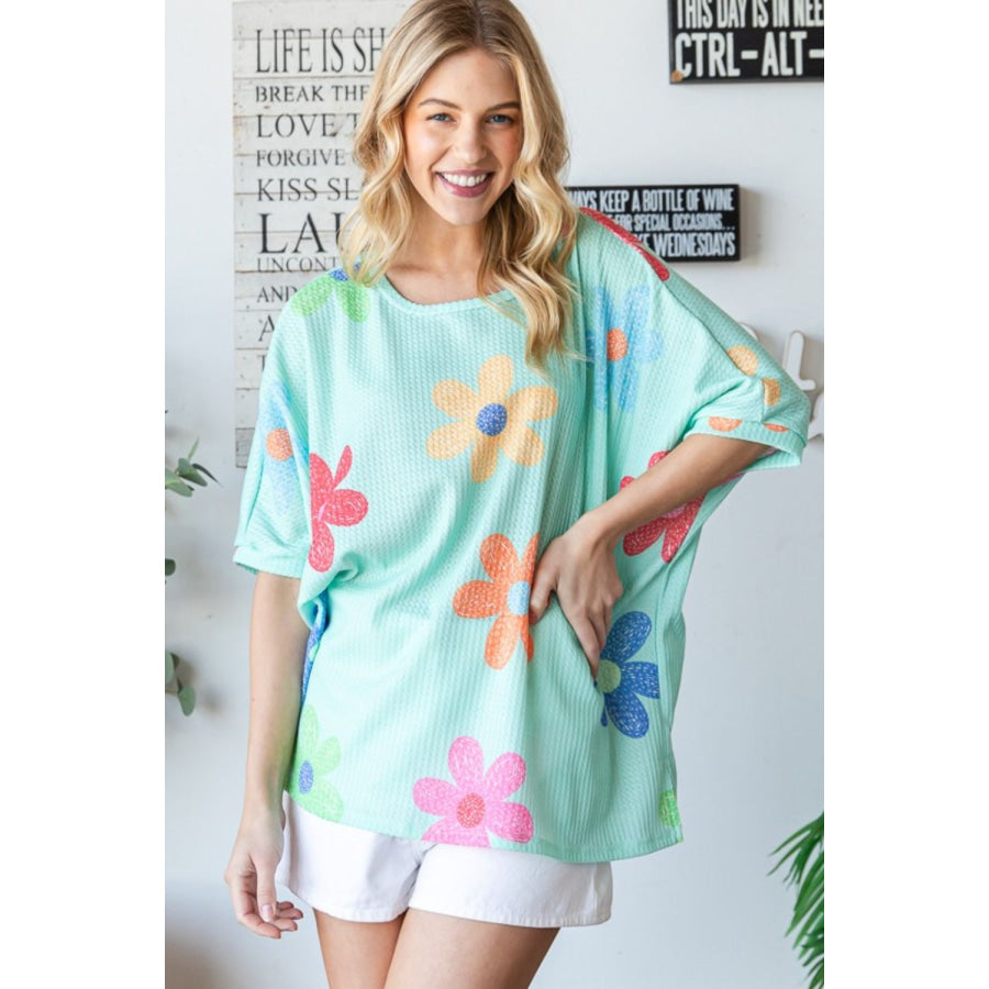 HOPELY Floral Waffle Oversize T-Shirt Apparel and Accessories