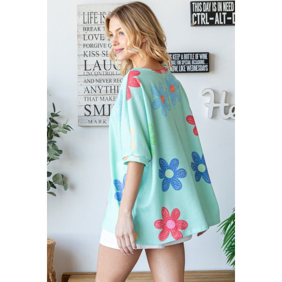 HOPELY Floral Waffle Oversize T-Shirt Apparel and Accessories