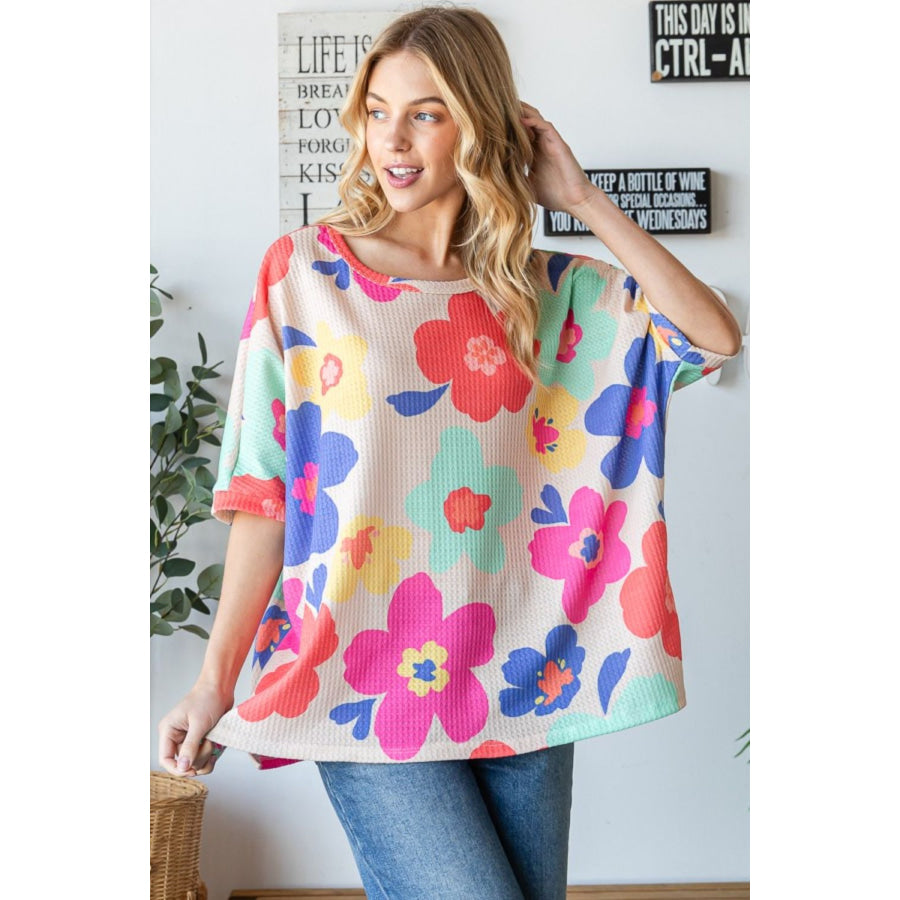 HOPELY Floral Waffle Oversize T-Shirt Apparel and Accessories