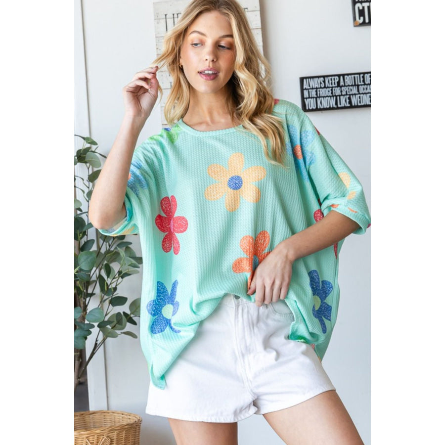 HOPELY Floral Waffle Oversize T-Shirt Apparel and Accessories