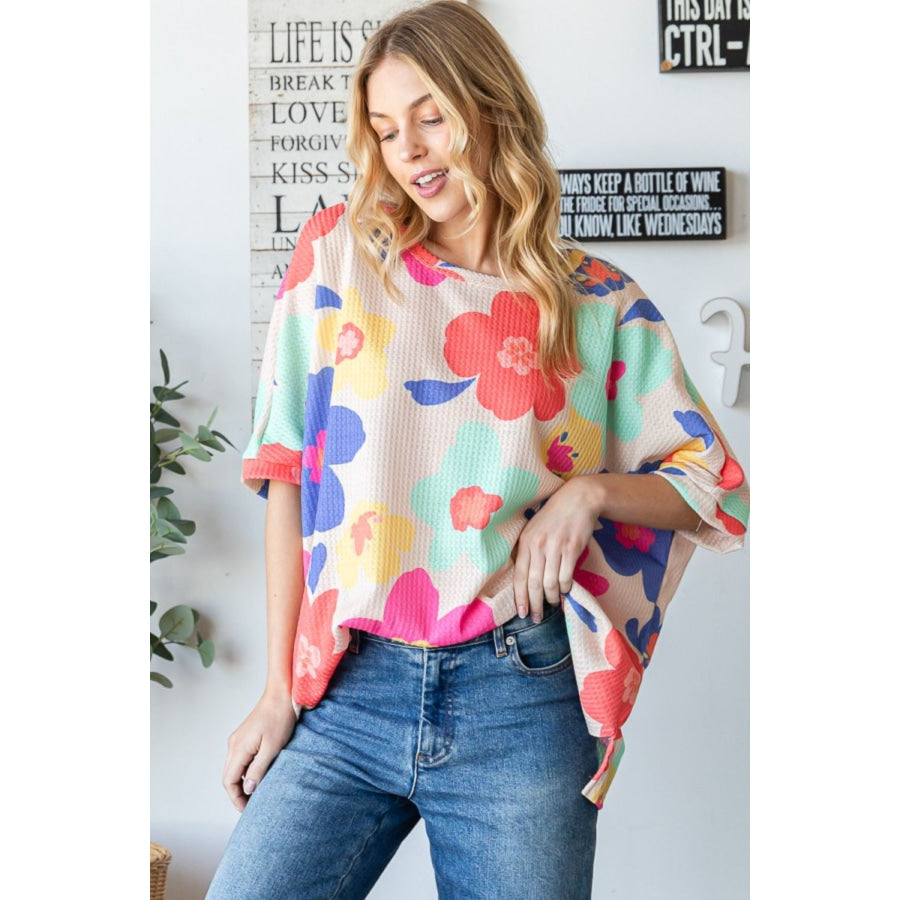 HOPELY Floral Waffle Oversize T-Shirt Apparel and Accessories