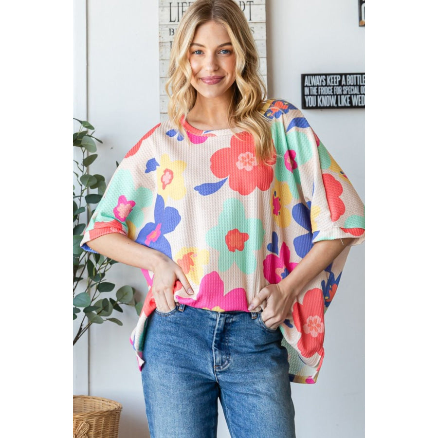HOPELY Floral Waffle Oversize T-Shirt Apparel and Accessories