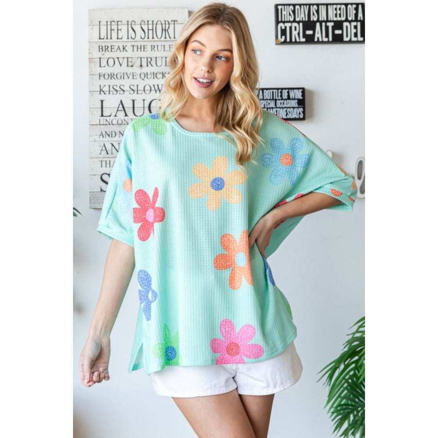 HOPELY Floral Waffle Oversize T-Shirt Mint Green / S Apparel and Accessories