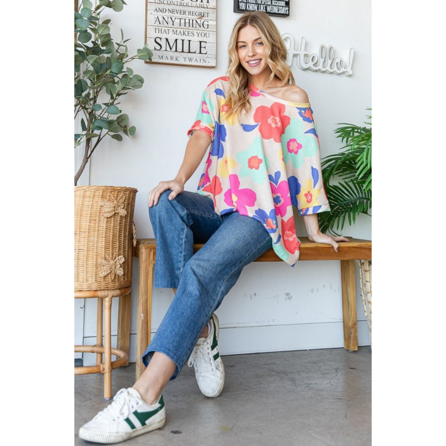 HOPELY Floral Waffle Oversize T-Shirt Taupe / S Apparel and Accessories