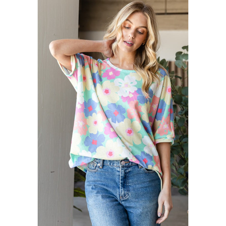 HOPELY Floral Waffle Oversized T-Shirt Apparel and Accessories