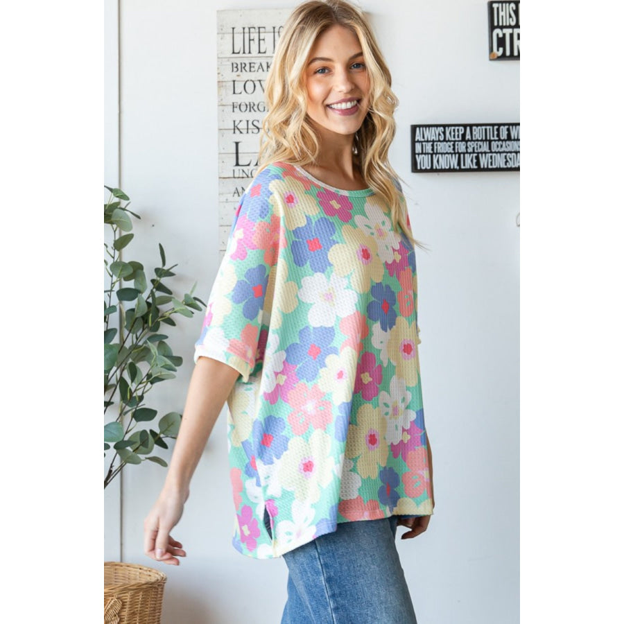 HOPELY Floral Waffle Oversized T-Shirt Apparel and Accessories