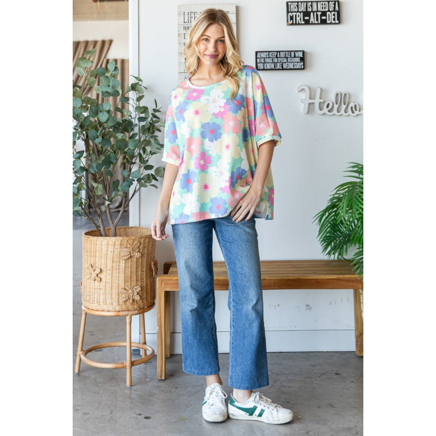 HOPELY Floral Waffle Oversized T-Shirt Apparel and Accessories