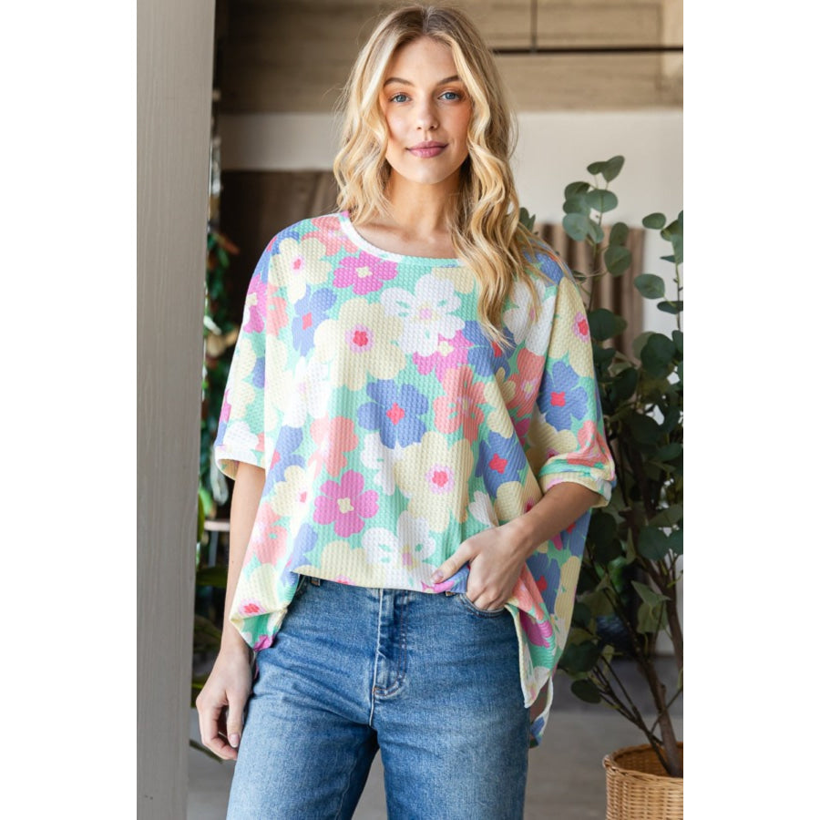HOPELY Floral Waffle Oversized T-Shirt Mint/Yellow Floral / S Apparel and Accessories