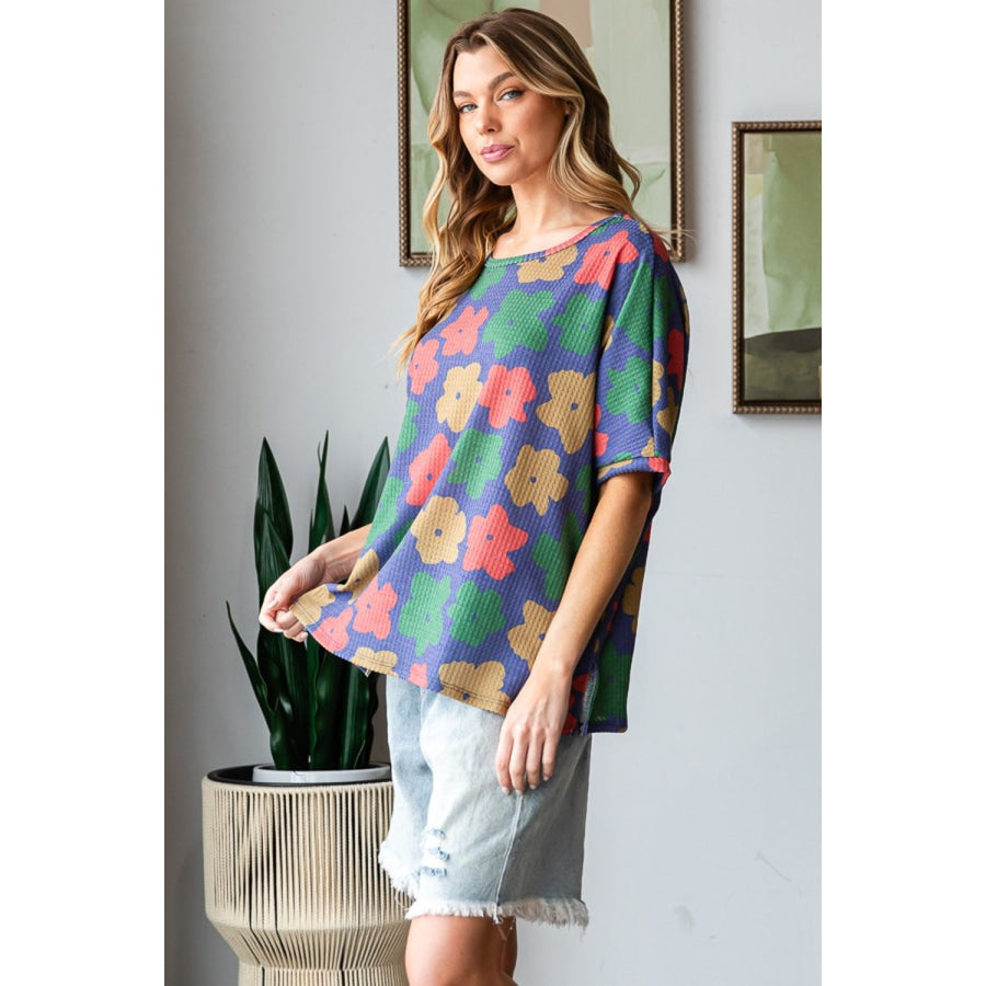 HOPELY Full Size Floral Round Neck Side Slit T-Shirt Apparel and Accessories