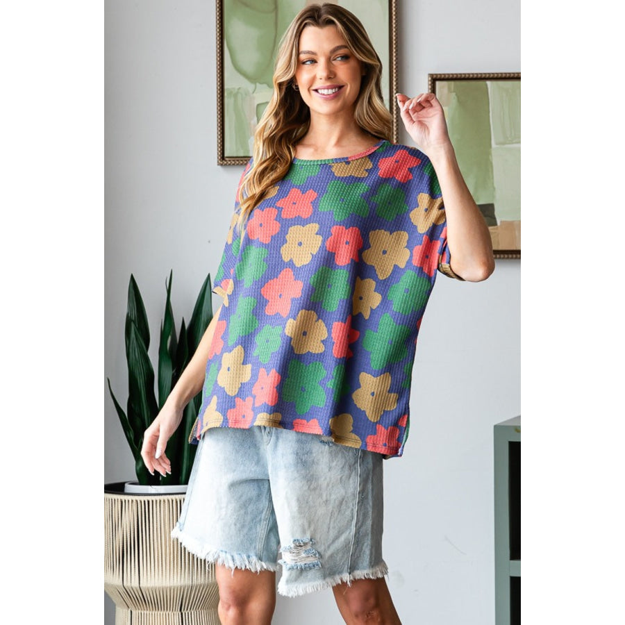 HOPELY Full Size Floral Round Neck Side Slit T-Shirt Apparel and Accessories