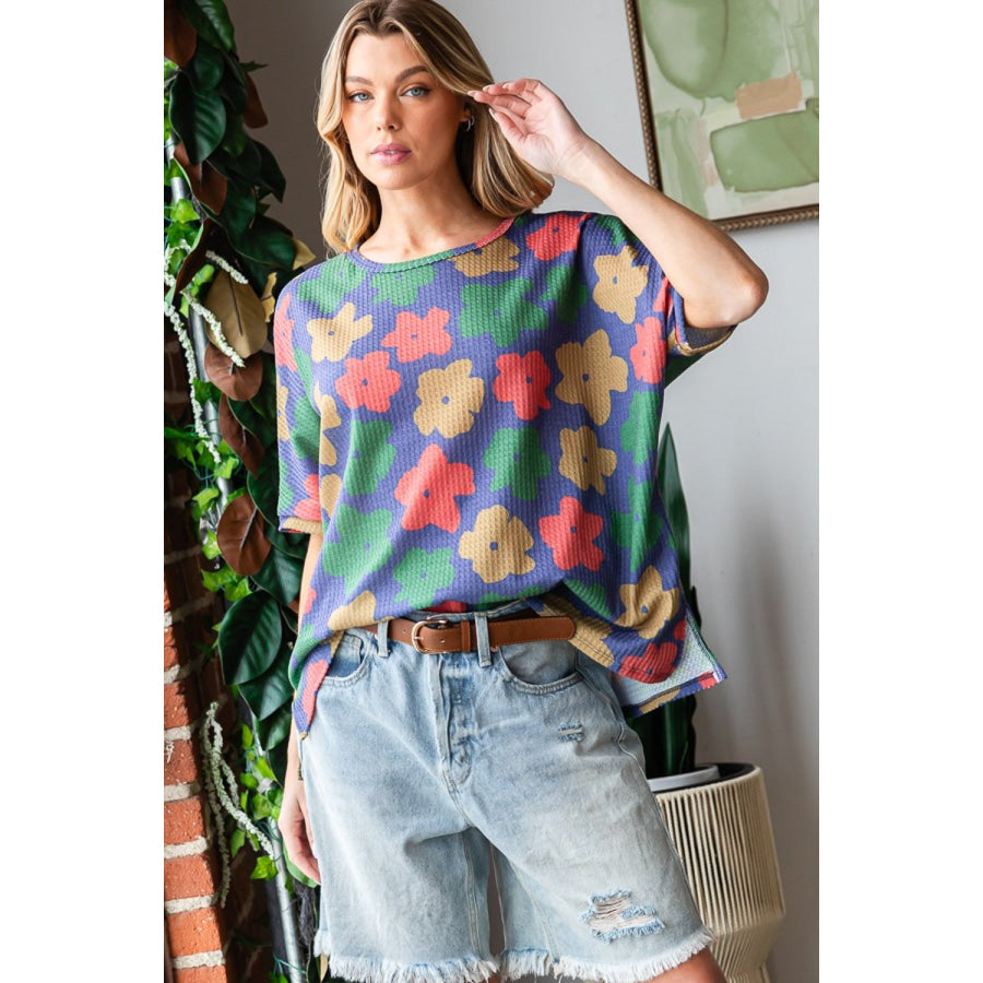 HOPELY Full Size Floral Round Neck Side Slit T-Shirt Navy/Green / S Apparel and Accessories
