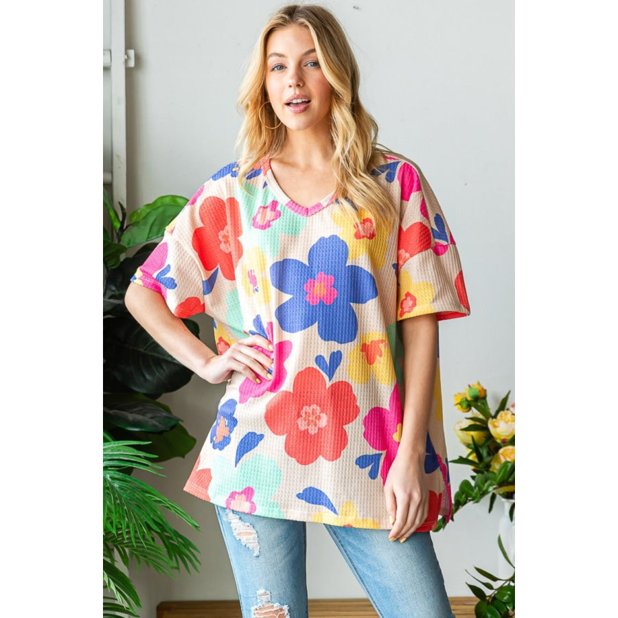 HOPELY Full Size Floral V-Neck Side Slit T-Shirt Apparel and Accessories
