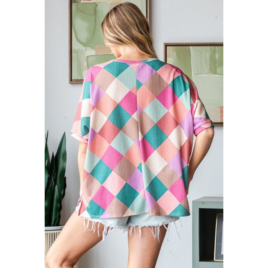 HOPELY Full Size Multi Colored Argyle Side Slit T-Shirt Multi Color / S Apparel and Accessories