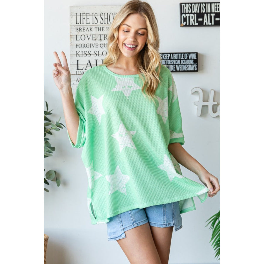 HOPELY Star Pattern Oversized Waffle T-Shirt Light Green / S Apparel and Accessories