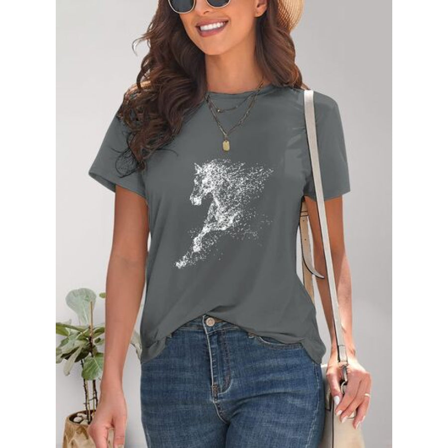 Horse Round Neck Short Sleeve T - Shirt Apparel and Accessories
