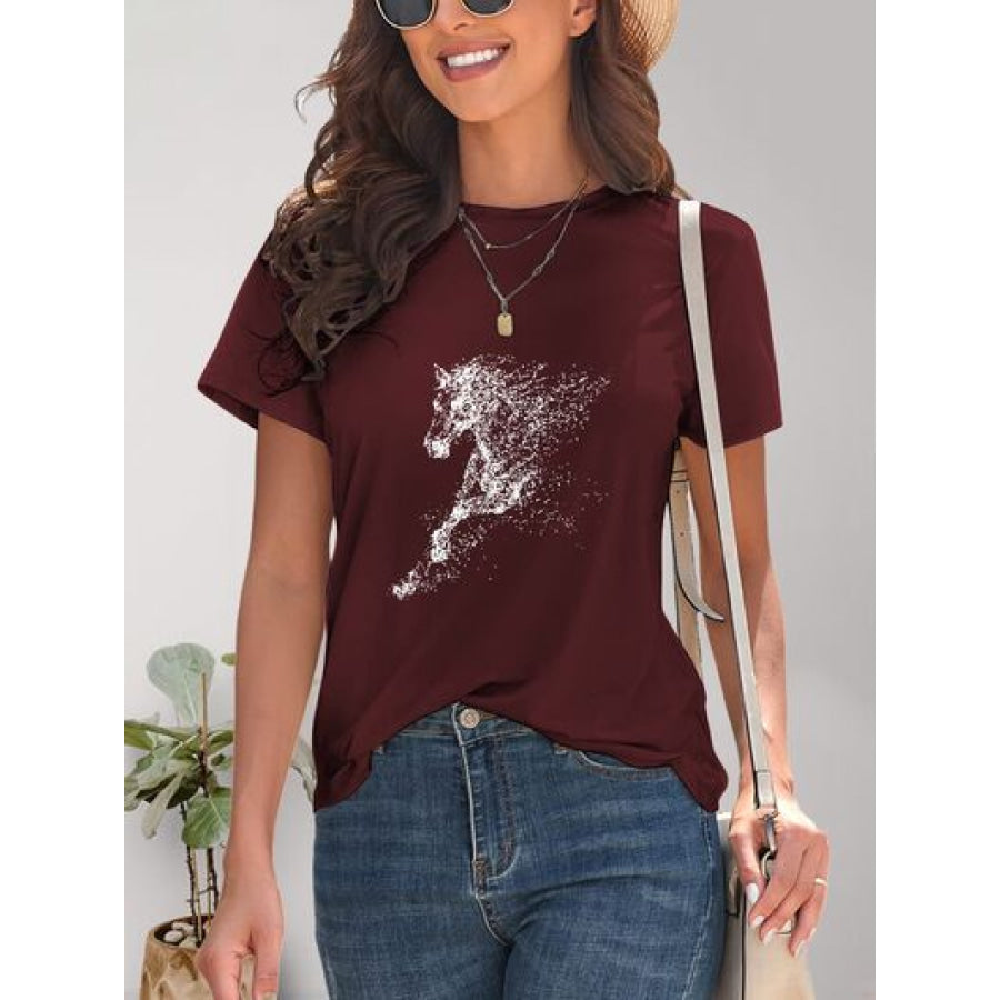 Horse Round Neck Short Sleeve T - Shirt Wine / S Apparel and Accessories