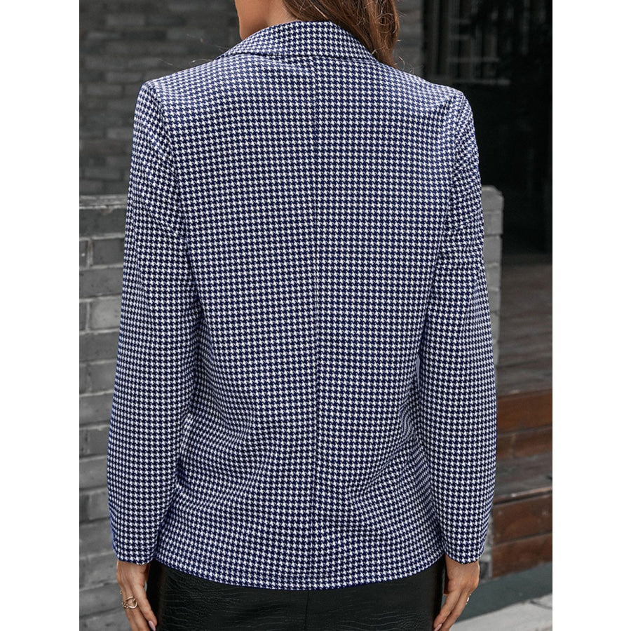 Houndstooth Lapel Collar Long Sleeve Blazer Navy / S