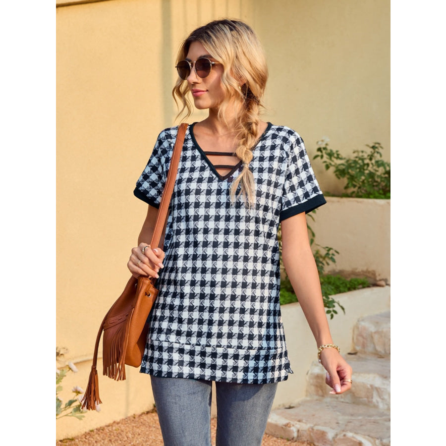 Houndstooth V-Neck Short Sleeve T-Shirt Apparel and Accessories