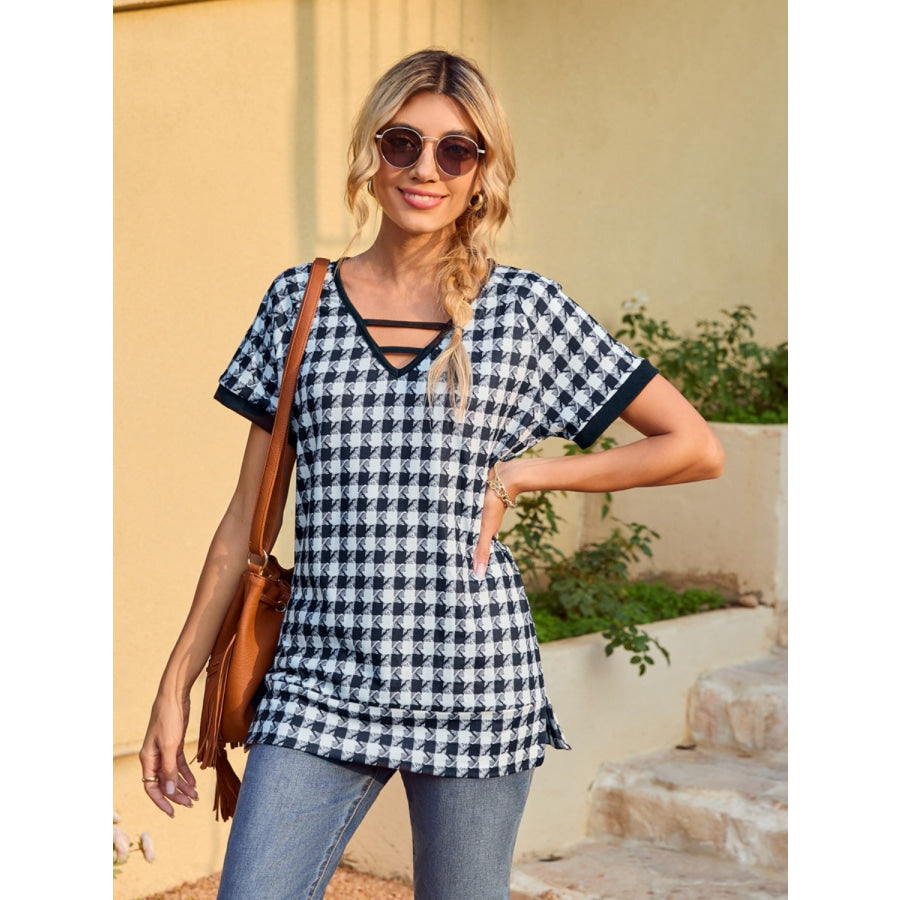 Houndstooth V-Neck Short Sleeve T-Shirt Apparel and Accessories