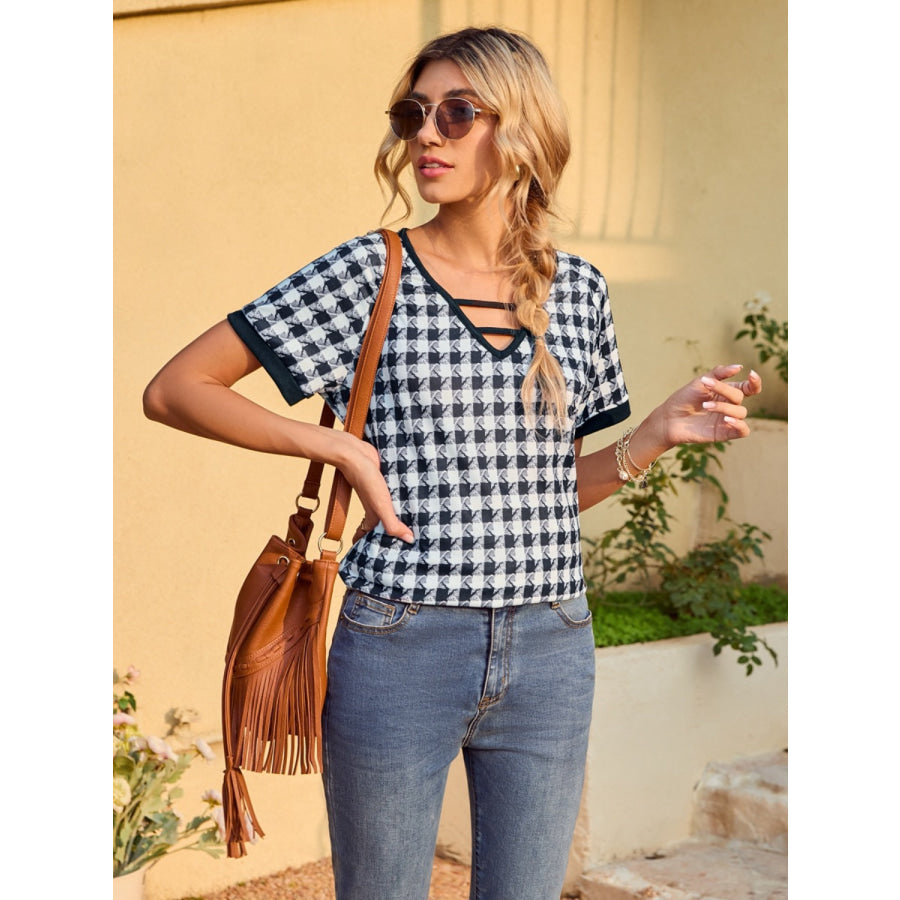 Houndstooth V-Neck Short Sleeve T-Shirt Apparel and Accessories