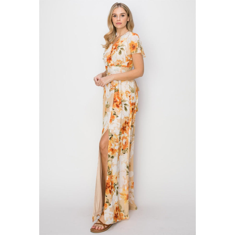 HYFVE Floral Tie Back Short Sleeve Slit Maxi Dress Apparel and Accessories