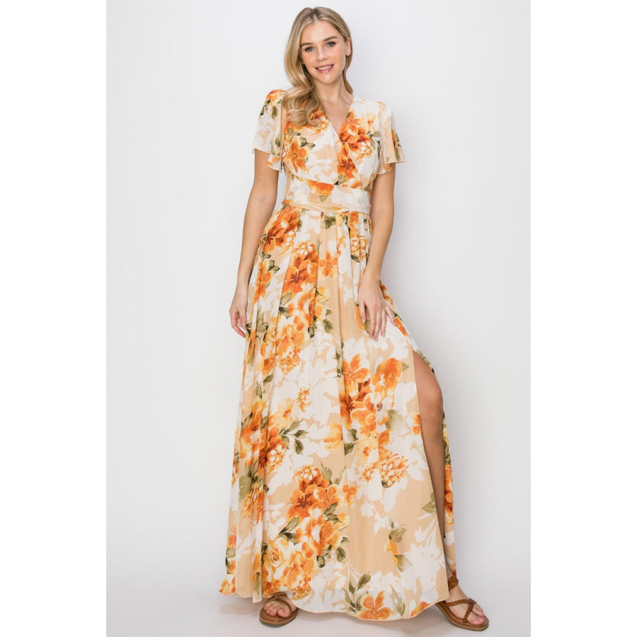 HYFVE Floral Tie Back Short Sleeve Slit Maxi Dress ORANGE / S Apparel and Accessories