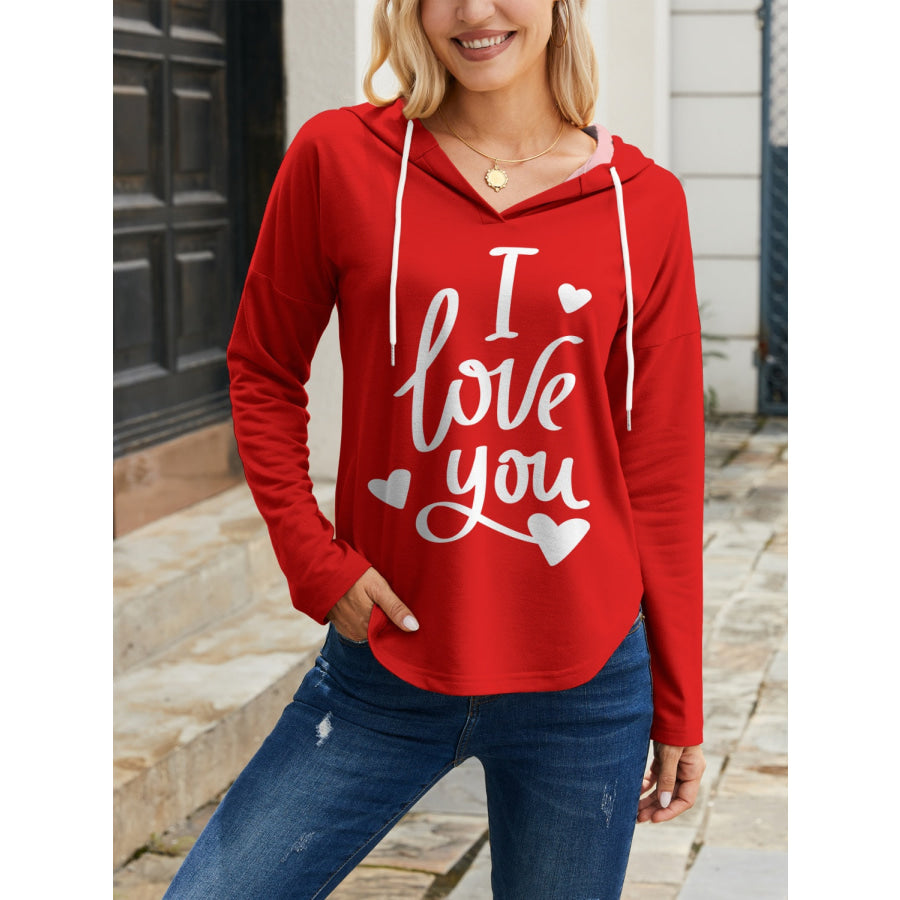 I LOVE YOU Drawstring Long Sleeve Hoodie Brick Red / S Apparel and Accessories