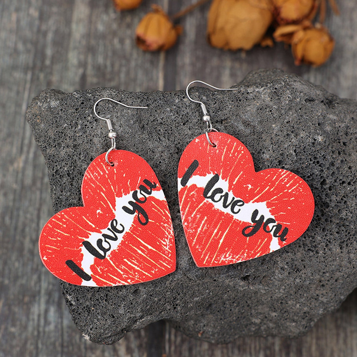 I LOVE YOU Heart Leather Earrings Red / One Size Apparel and Accessories