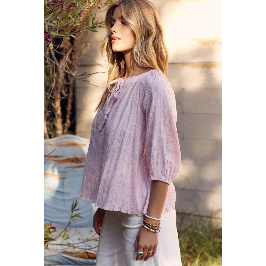 In February Textured Tie Neck Blouse Shirts & Tops