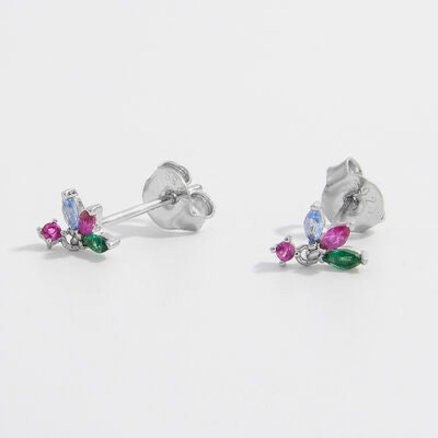 Inlaid Zircon 925 Sterling Silver Geometric Stud Earrings / One Size Apparel and Accessories