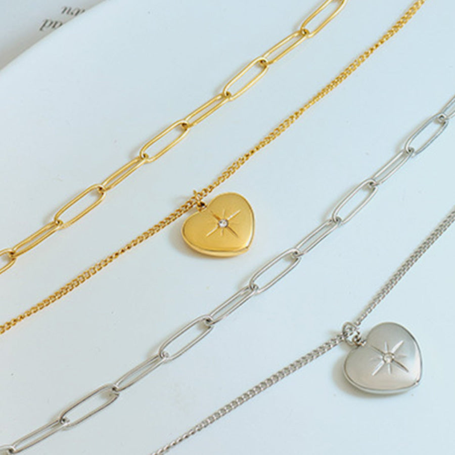 Inlaid Zircon Double Layered Heart Pendant Necklace Apparel and Accessories
