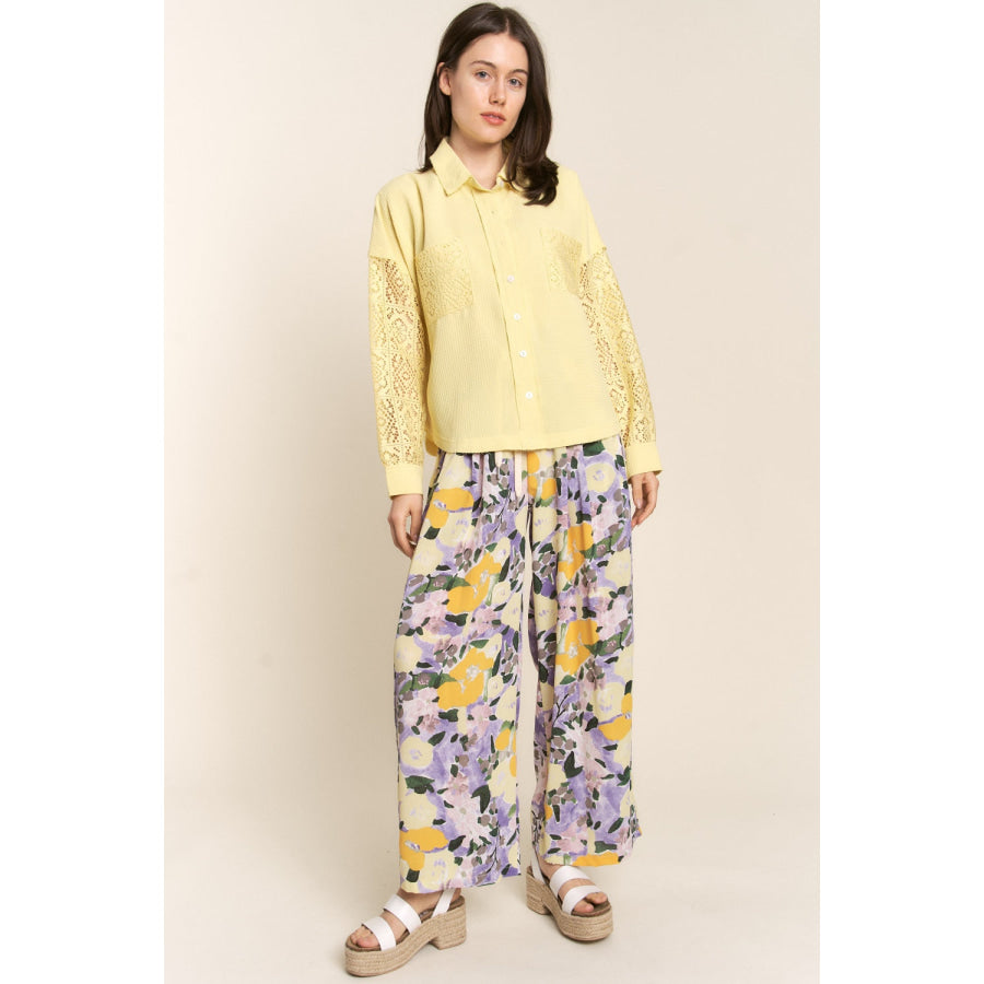 J.NNA Button Down Lace Long Sleeve Waffle Shirt Apparel and Accessories