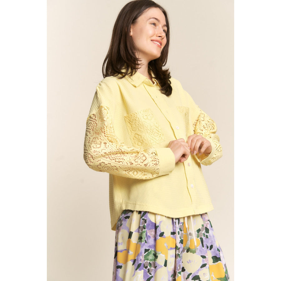 J.NNA Button Down Lace Long Sleeve Waffle Shirt Apparel and Accessories