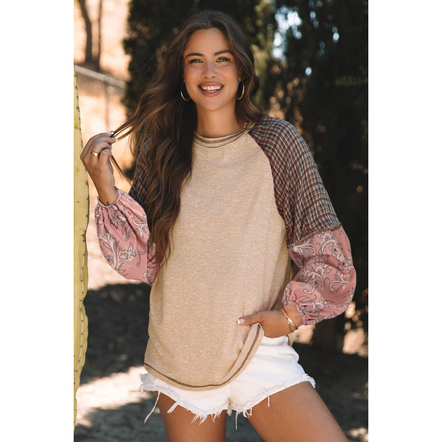 Jet Stream Mixed Print Raglan Sleeve Ribbed Knit Patchwork Blouse Jet Stream / S / 85% Polyester + 10% Viscose + 5% Elastane Tops/Blouses &