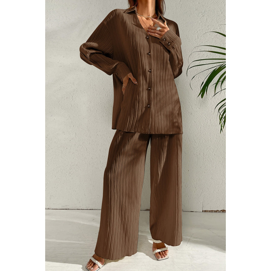 Johnny Collar Button Down Top and Pants Set Brown / S Apparel and Accessories