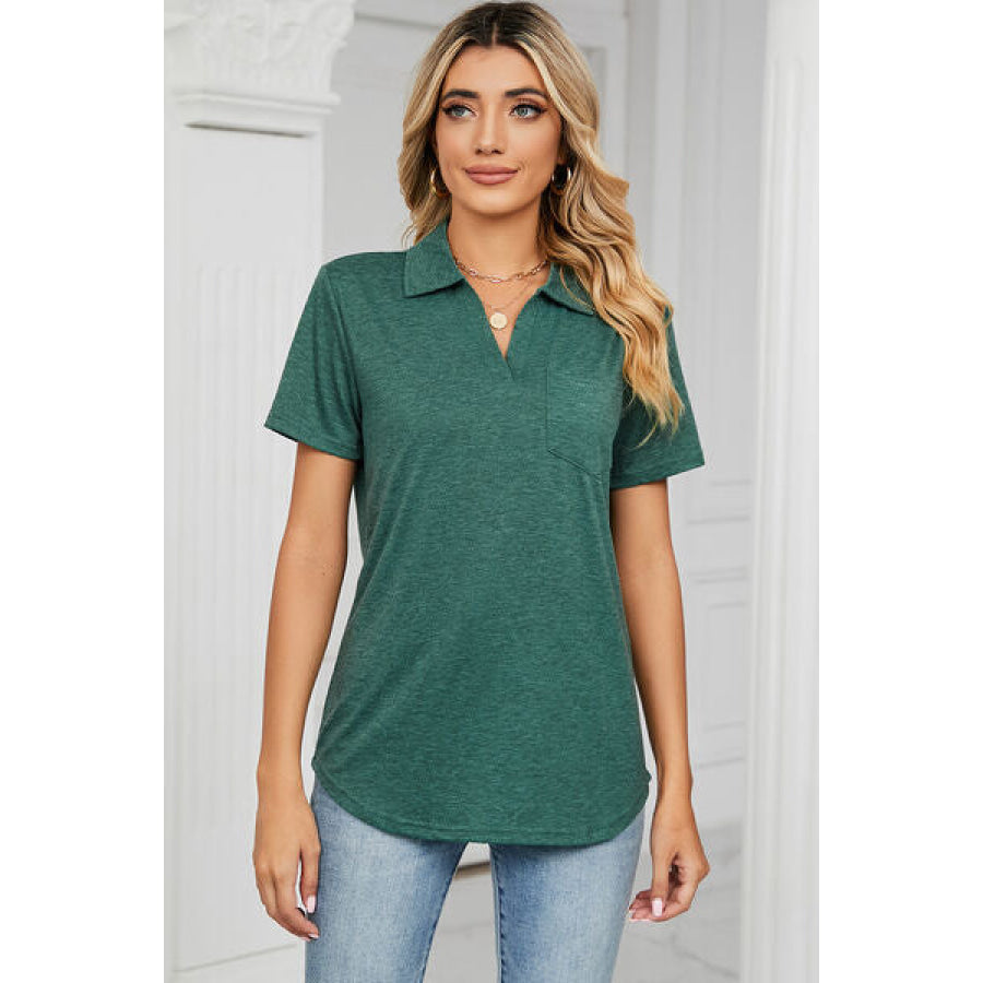 Johnny Collar Short Sleeve Blouse Apparel and Accessories