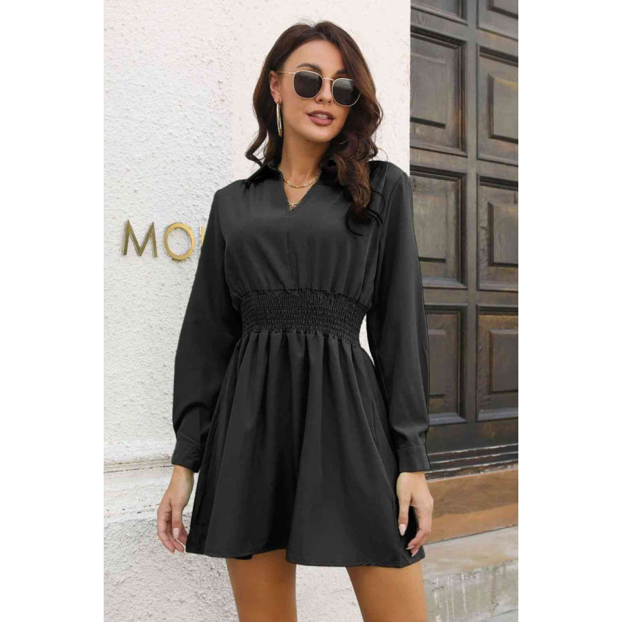 Johnny Collar Smocked Waist Long Sleeve Mini Dress Black / S Clothing