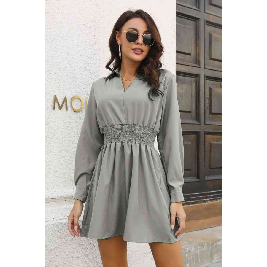 Johnny Collar Smocked Waist Long Sleeve Mini Dress Clothing
