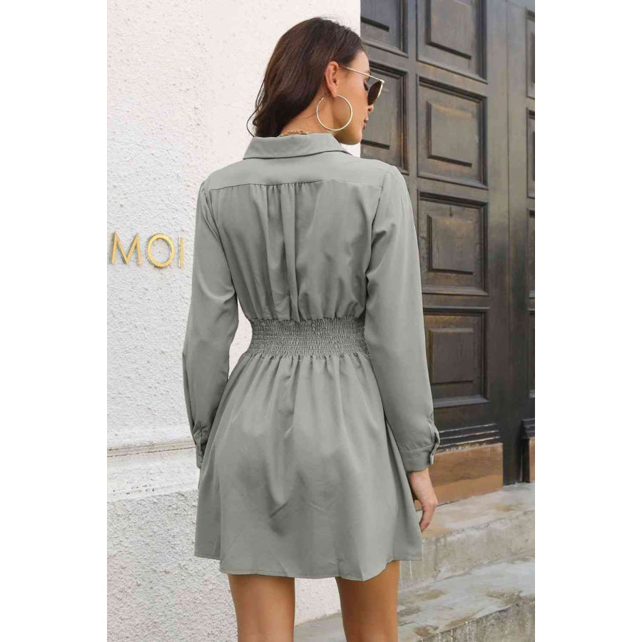 Johnny Collar Smocked Waist Long Sleeve Mini Dress Clothing