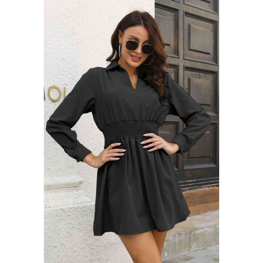 Johnny Collar Smocked Waist Long Sleeve Mini Dress Clothing