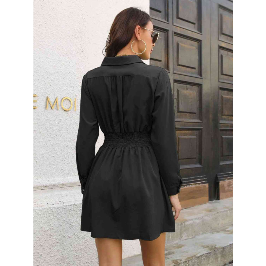 Johnny Collar Smocked Waist Long Sleeve Mini Dress Clothing