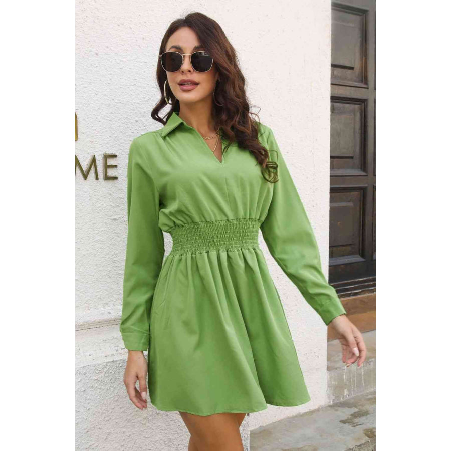 Johnny Collar Smocked Waist Long Sleeve Mini Dress Clothing