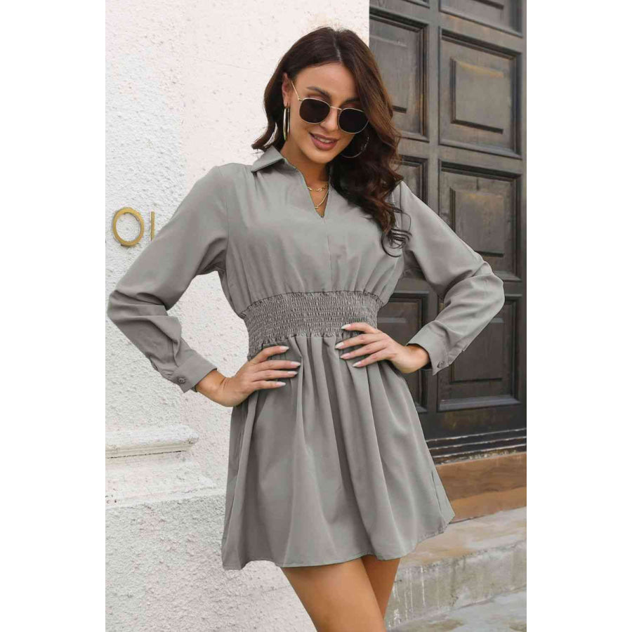 Johnny Collar Smocked Waist Long Sleeve Mini Dress Clothing